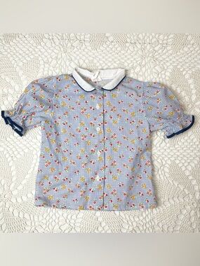 Vintage 1980s Sears Girls 6 Years Floral Grid Plaid Collared Puff Sleeve Blouse